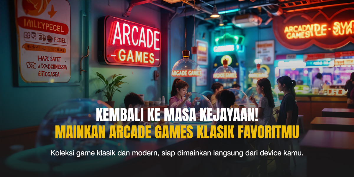 Suasana arcade dengan lampu neon dan anak-anak bermain game klasik seperti pinball dan mesin joystick di ruangan nostalgia penuh warna.